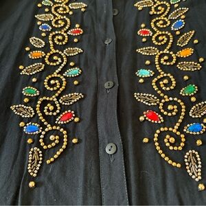 Vtg Union Khaki Black Embellished Bottom Down‎ Top Blouse Artsy beaded SZ Large